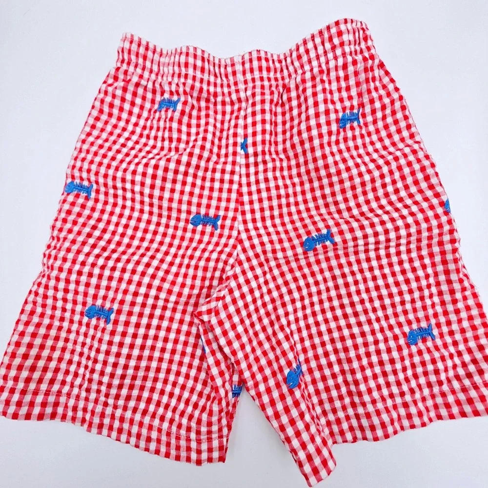 Kellys Kids Boys Red Gingham Fish Skeleton Embroidered Shorts Size 3-4 Elastic